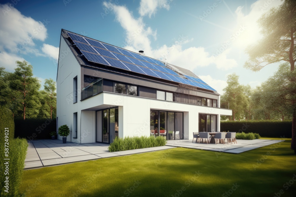 Modern house with solar panels on the roof 3d render Modern house with solar panels on the roof 3d render