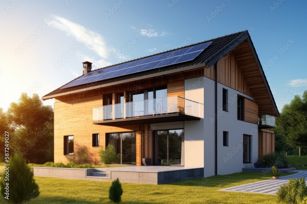 Modern house with solar panels on the roof 3d render Modern house with solar panels on the roof 3d render