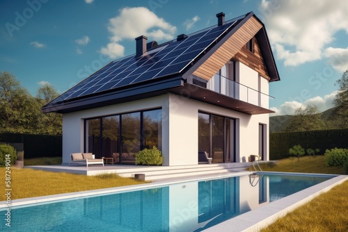 Modern house with solar panels on the roof  3d render © Tixel