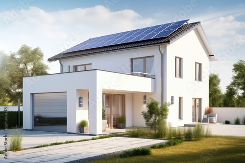 Modern house with solar panels on the roof  3d render © Tixel