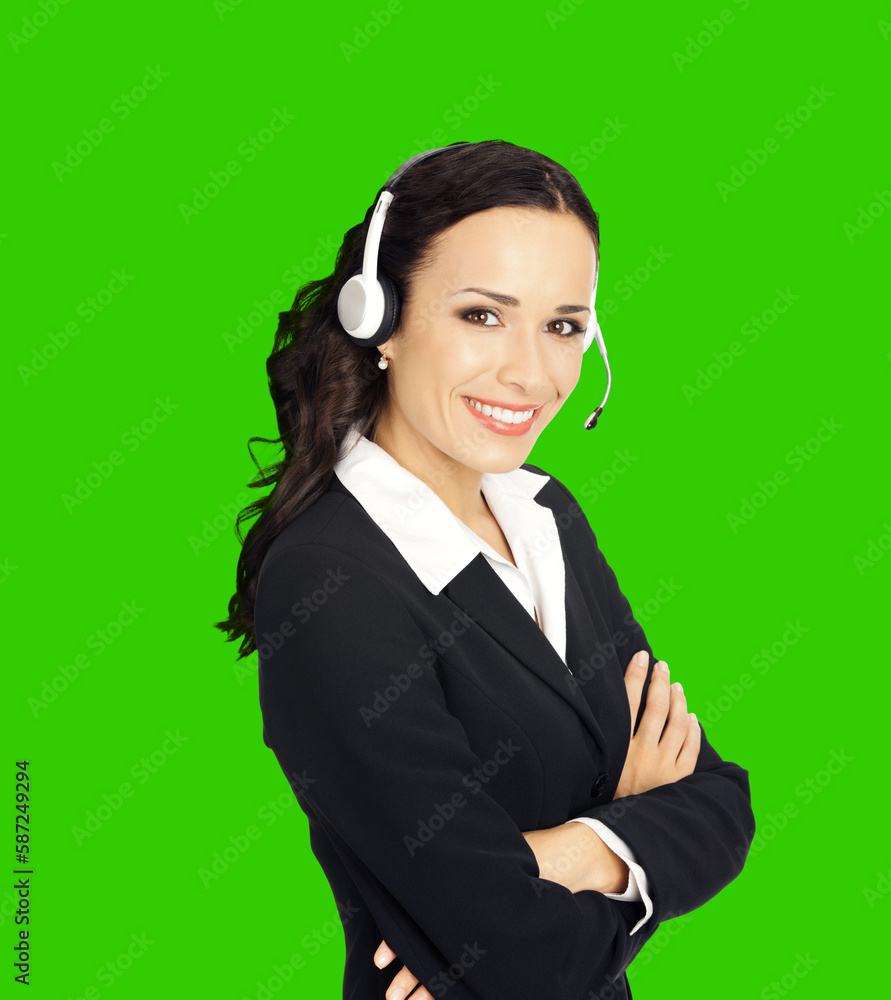 Call center help line service. Portrait of customer support phone sales agent operator in headset, isolated on green chroma key chromakey background. Confident business woman, caller worker.