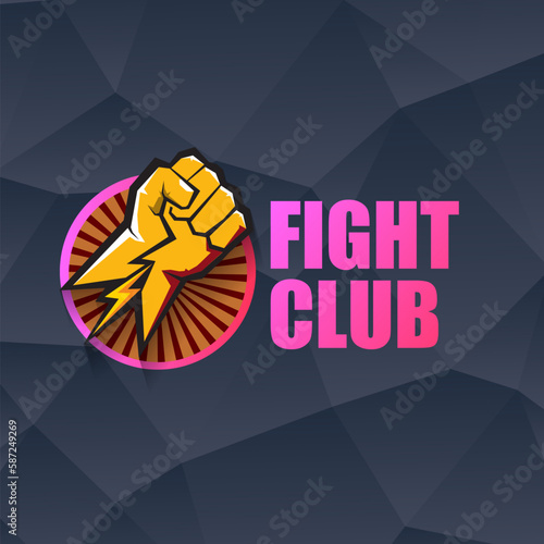 fight club vector logo with orange man fist isolated on crystal grey background. MMA Mixed martial arts concept design template. Fight club icon design template