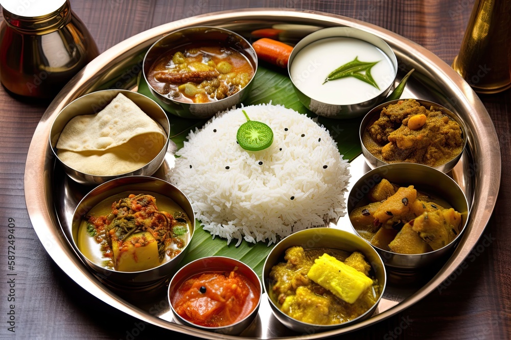 Traditional Bengali cuisine and food meal thali of West Bengal, India. Bengali food thali in kolkata. bengali thali for puja and Pailaboishakh. popular food kolkata. Generative AI - obrazy, fototapety, plakaty 