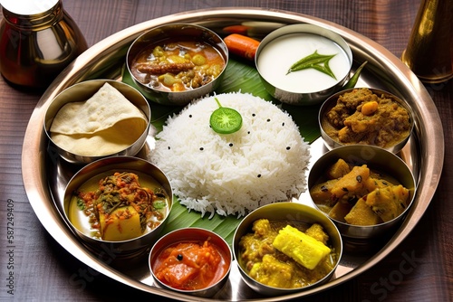 Traditional Bengali cuisine and food meal thali of West Bengal, India. Bengali food thali in kolkata. bengali thali for puja and Pailaboishakh. popular food kolkata. Generative AI