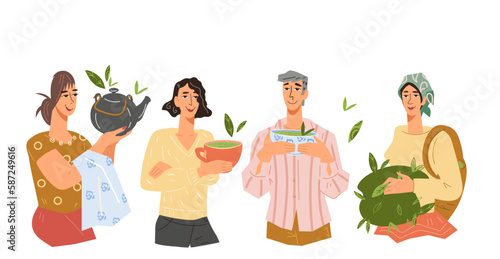 People drink, gathering and serve tea drink, flat vector illustration isolated on white background. Characters with tea drinks. Farmer picking harvest from bush.