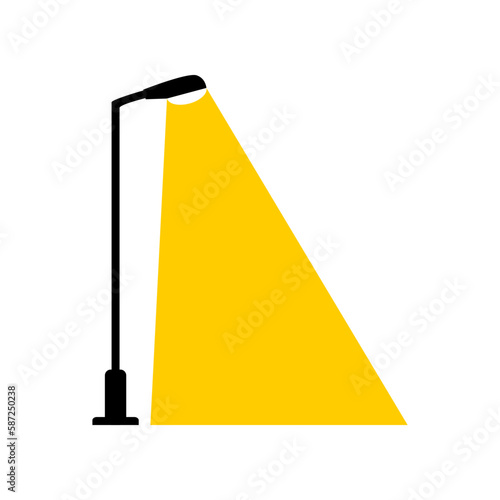 Electric streetlight lamp pole illumination at night on white background flat icon vector design.