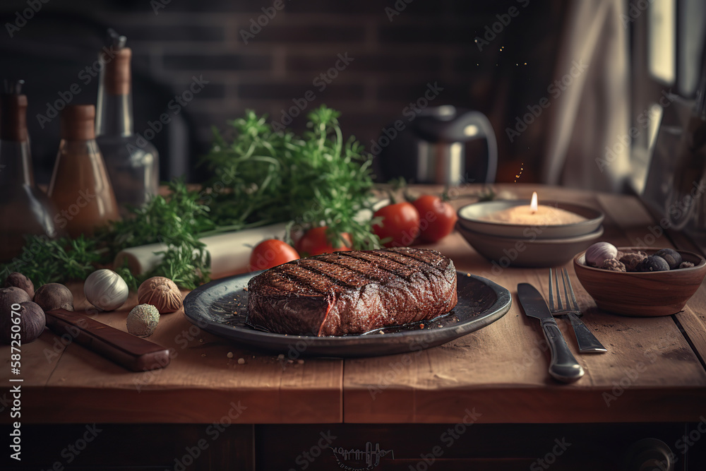 Delicious Filetsteak on a wooden board, close-up photographic, generative AI tools.