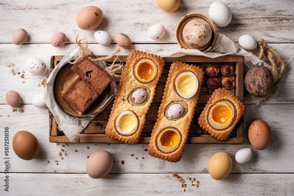 wooden breakfast tray with assorted pastries and eggs. Generative AI wooden breakfast tray with assorted pastries and eggs. Generative AI
