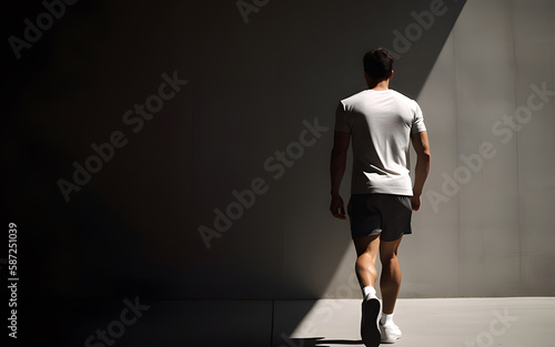 Back view of male runner jogging with copy space