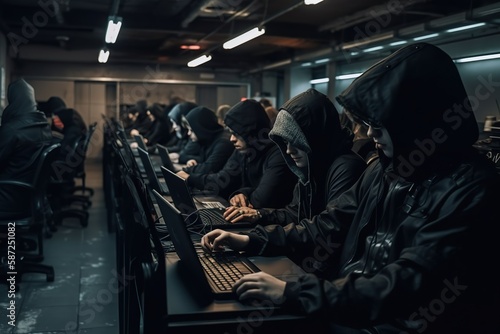 big army of hackers, who are working with laptops to perform various activities related to cyberattacks, espionage, or cybercrime. Generative AI photo