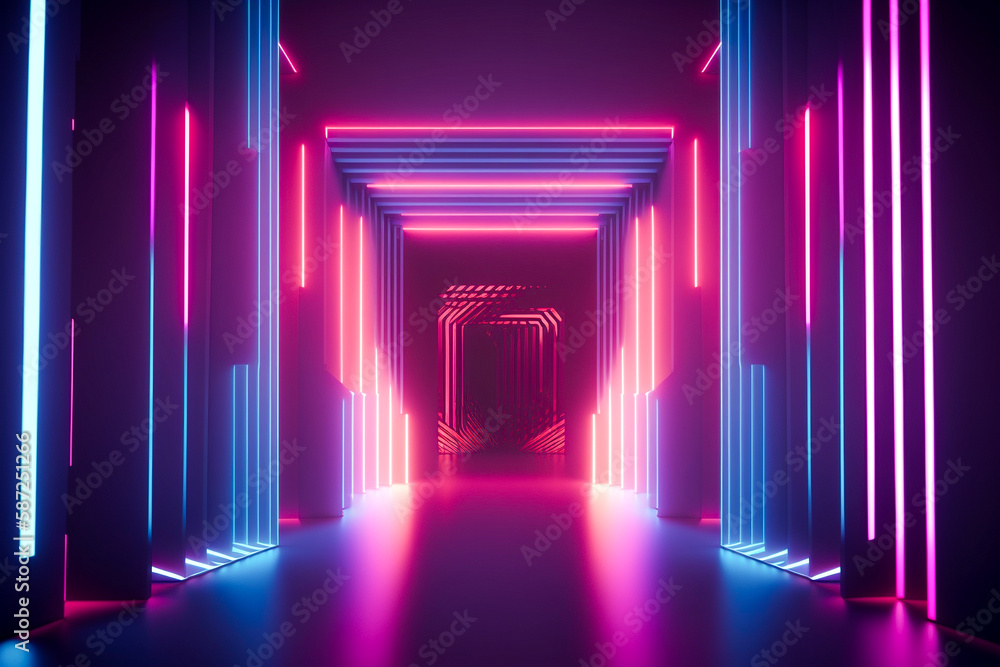 Abstract background with glowing neon lines in blue and ultraviolet colors. Synth wave retro futuristic virtual room AI generated
