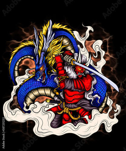 samurai knight and dragon design illustration image