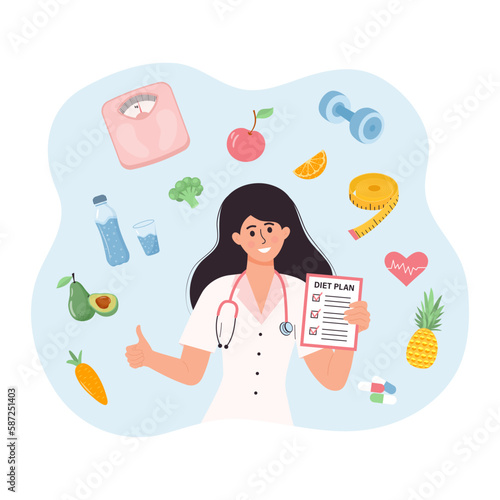 Nutritionist woman with weight loss program and diet plan. Healthy food, vitamins, sport  icons around. Healthy lifestyle, fitness, sport, training, online course, nutrition recommendations.