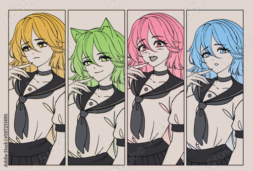 Anime manga school girls set. Monochrome palette