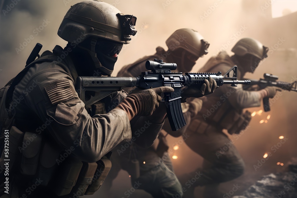Military soldier squad battle scene, action shooter battle game cover with smoke, dust and explosions Military soldier squad battle scene, action shooter battle game cover with smoke, dust and explosions