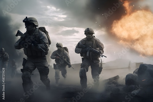 Military soldier squad battle scene  action shooter battle game cover with smoke  dust and explosions