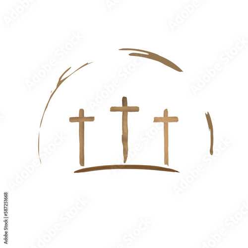 Easter holiday, three crosses on a white background in watercolor style.