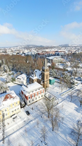 Petri Kirche Herford aus der Luft bei Schnee Luftaufnahme Panorama Winter