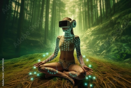 Young athletic woman wearing VR headset, practising yoga and meditation in futuristic Way. Her consciousness is transformed into beautiful and peaceful forest photo