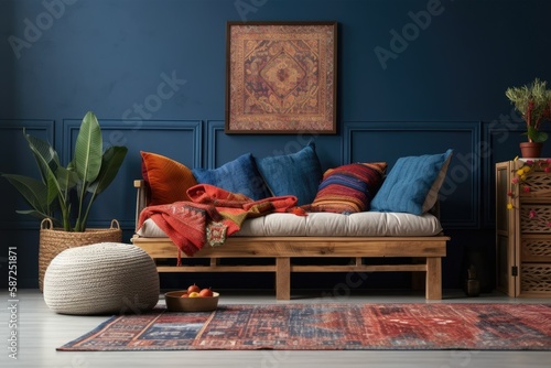 Couch, colorful cushions, carlet plaid, wooden stand, vase with dried flowers, rattan sideboard, and personal decorations in ethnic living room. Furnishings. Template. Generative AI photo