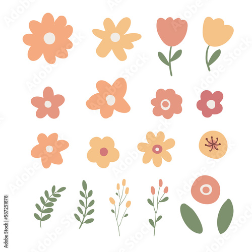 Happy Easter clipart set, Cute bunny rabbit illustration, Childrens egg hunts clip art, Individual elements, Spring vector images in flat cartoon style, Easter basket, chick, spring, flower.