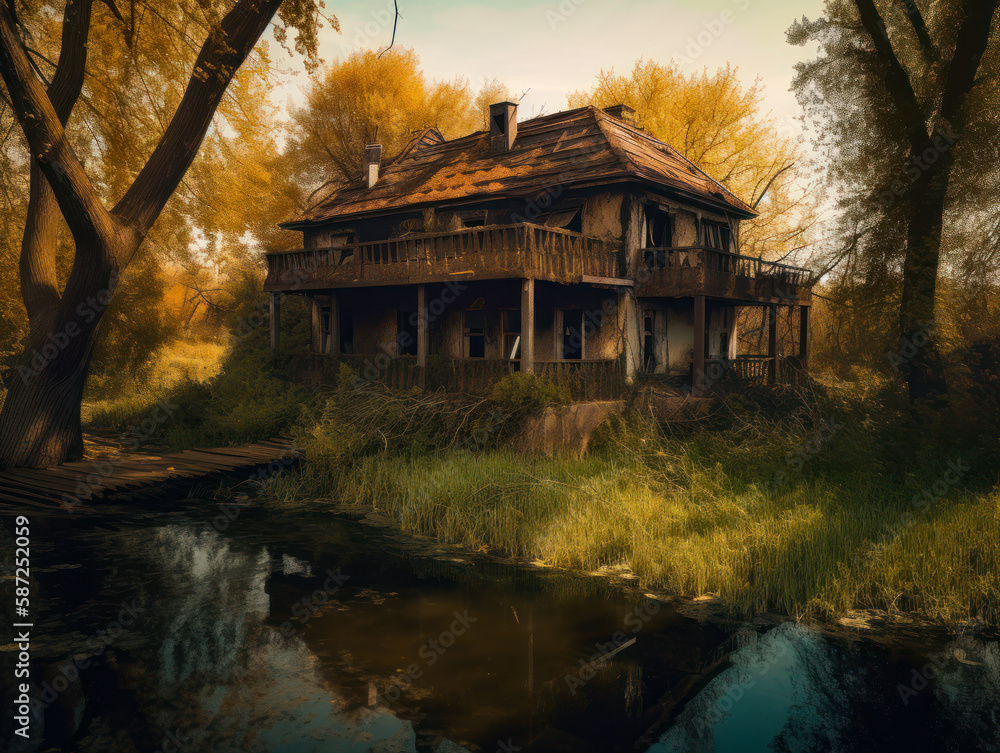 Obraz premium Old ruined shack in the natural environment. Abandoned house on the river bank. Autumn trees at backdrop. Generative AI.