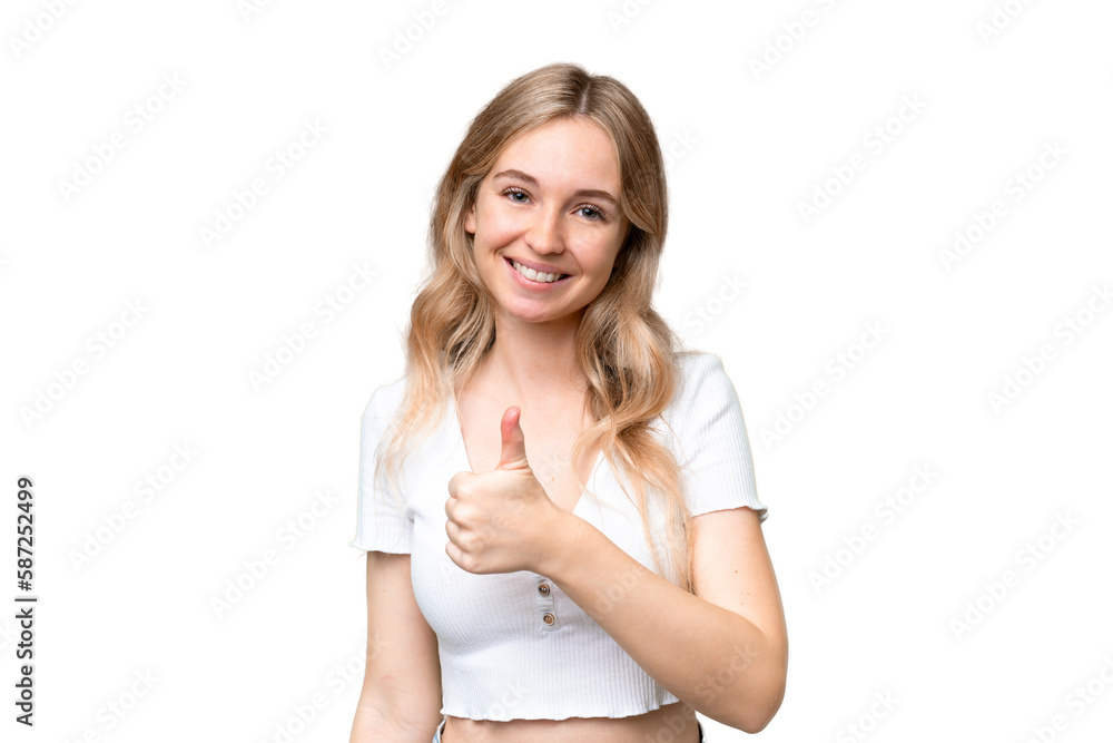 Young English woman over isolated background giving a thumbs up gesture