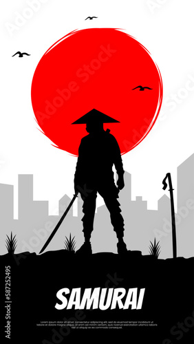 Samurai with red moon wallpaper. Japanese samurai warrior with a sword. urban samurai background. japanese theme wallpaper. vertical monitor background. Samurai in front of a red moon.