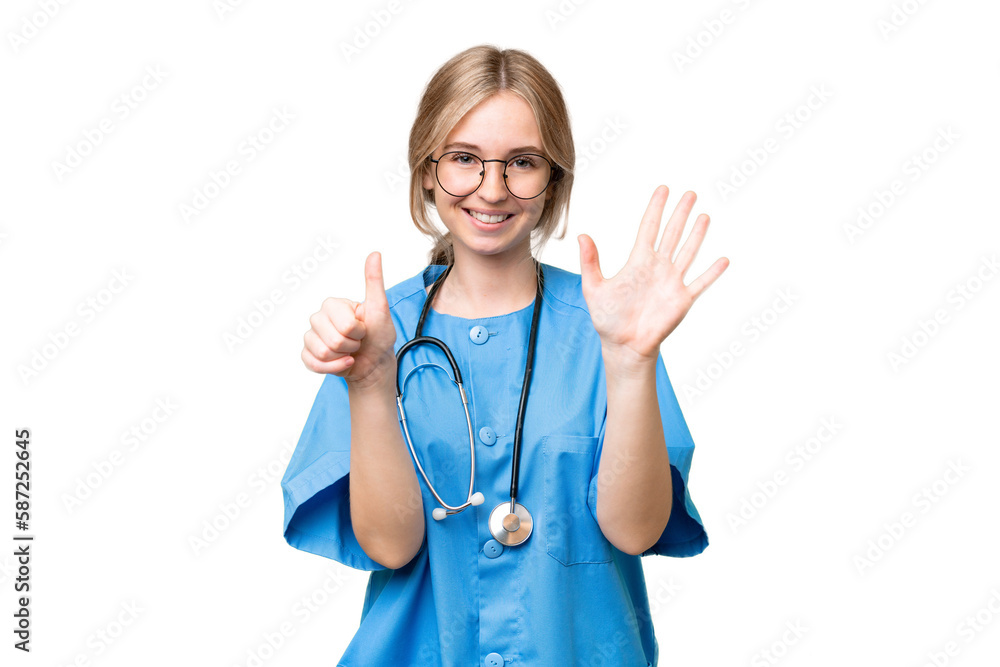 Young nurse English woman over isolated background counting six with fingers Young nurse English woman over isolated background counting six with fingers