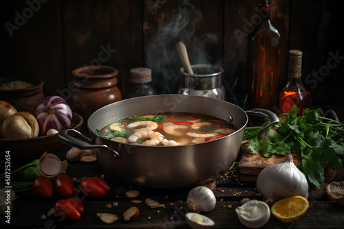 Tom Yum or spicy tom yum soup with chicken - Authentic Thai-style food, famous in Thailand, photo-realistic illustration, generative AI technology. 