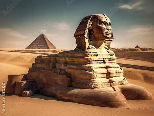 mythical human-headed sphinx, egyptian desert monument, majestic carving, generative AI 