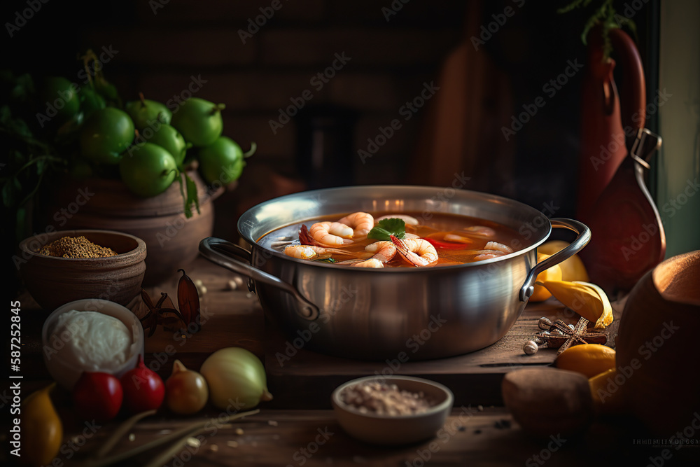 Tom Yum or spicy tom yum soup with chicken - Authentic Thai-style food, famous in Thailand, photo-realistic illustration, generative AI technology. Tom Yum or spicy tom yum soup with chicken - Authentic Thai-style food, famous in Thailand, photo-realistic illustration, generative AI technology.