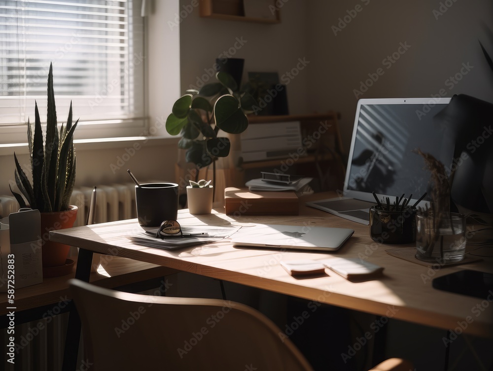 A minimalist and modern desk setup with a laptop and plants