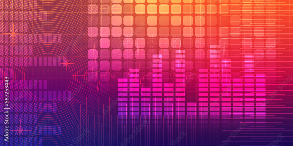 abstract stacked circles with with music rhythm and the sound of a musical graph on colorful background, object, music, volume, happy, funny, copy space