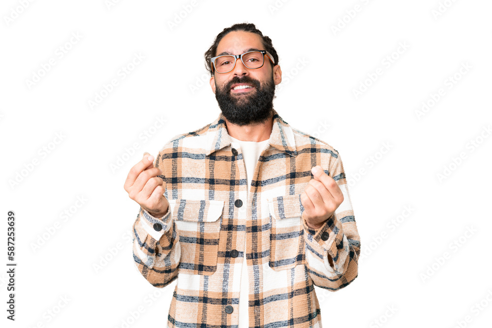 Young man with beard over isolated chroma key background making money gesture Young man with beard over isolated chroma key background making money gesture