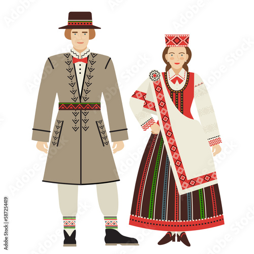 girl and young man in a Latvian folk costume. young couple in the national traditional clothes of Latvia. flat drawing in cartoon style. stock vector illustration. EPS 10.