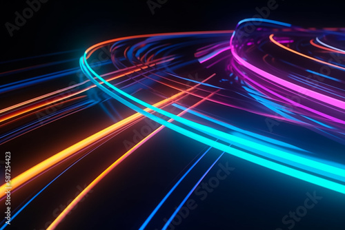 Abstract colorful glowing lines, fast motion effect, over a black background. Illustration. Generative AI photo