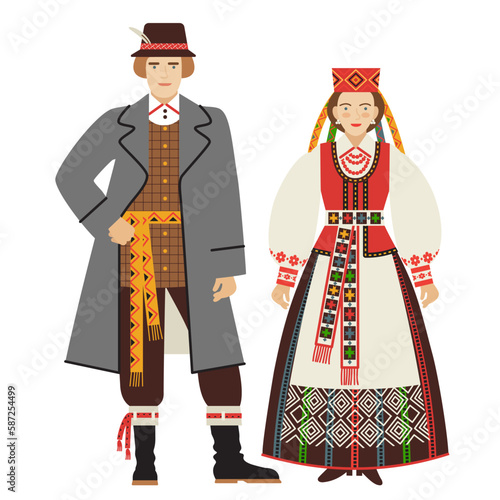girl and young man in Lithuanian folk costume isolated on a white background. young couple in traditional Lithuanian national dress. flat drawing in cartoon style. stock vector illustration. EPS 10.