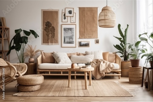Boho chic living area with beige couch  cushions  faux poster frames  side tables  plants  bamboo ladder  d  cor  and personal items. Template. Generative AI