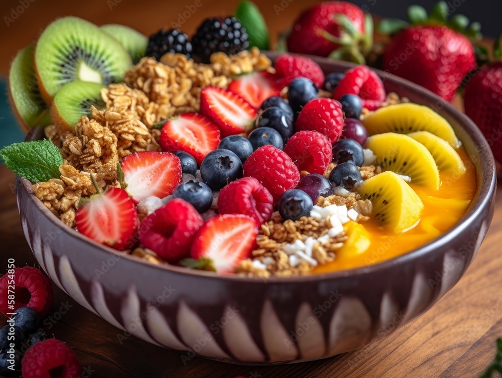 A close-up of a delicious and colorful smoothie bowl, featuring fresh fruit, granola