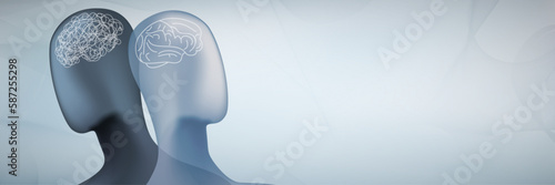 Metaphor bipolar disorder mind mental. Double face with tangle and untangle brain. Psychology. Split personality. Concept mood disorder. 2 Head. Dual-personality. Mental health. Psychiatry