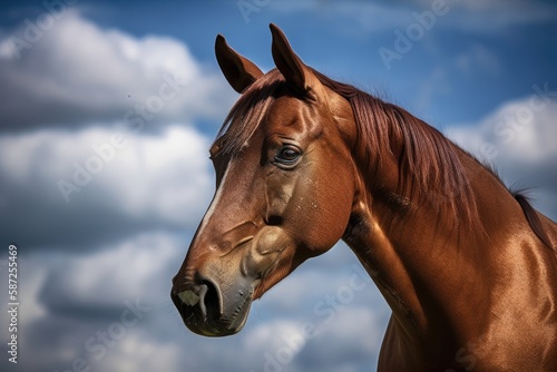 A depiction of a brown stallion. A portrait of a brown sport horse Standardbred horse. Gorgeous horse. Horse head atop a cloudy blue sky. Generative AI © AkuAku