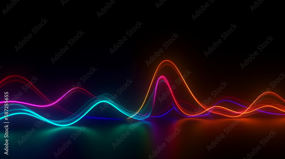 abstract background of colorful neon wavy lines glowing in the black ...