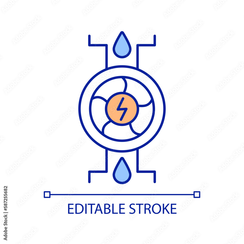 Electricity generation with water power RGB color icon. Sustainable power source. Eco friendly industry development. Isolated vector illustration. Simple filled line drawing. Editable stroke Electricity generation with water power RGB color icon. Sustainable power source. Eco friendly industry development. Isolated vector illustration. Simple filled line drawing. Editable stroke