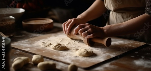 Young female hands rolling out dough on wooden table © Sahan