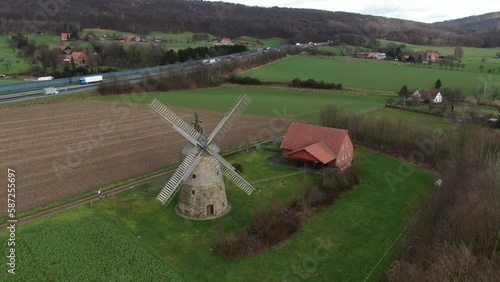 Windmühle Felderlanschaft von oben Luftaufnahme gemauert photo