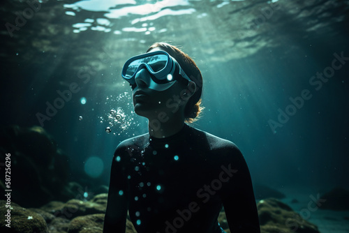 woman freediver is seen training underwater, swimming effortlessly through the depths while holding her breath. Generative AI photo