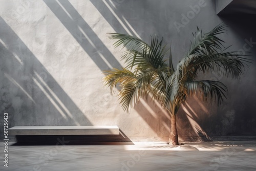 Simple product placement background with concrete wall palm shadow. Summer luxury interior design. Contemporary tropical mockup. Generative AI