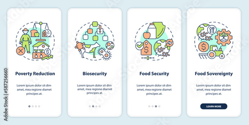 Agriculture policy concerns onboarding mobile app screen. Walkthrough 4 steps editable graphic instructions with linear concepts. UI, UX, GUI template. Myriad Pro-Bold, Regular fonts used