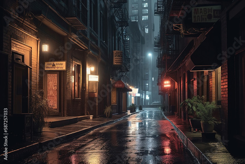 Obraz na plátne Rainy city street with a moody atmosphere.